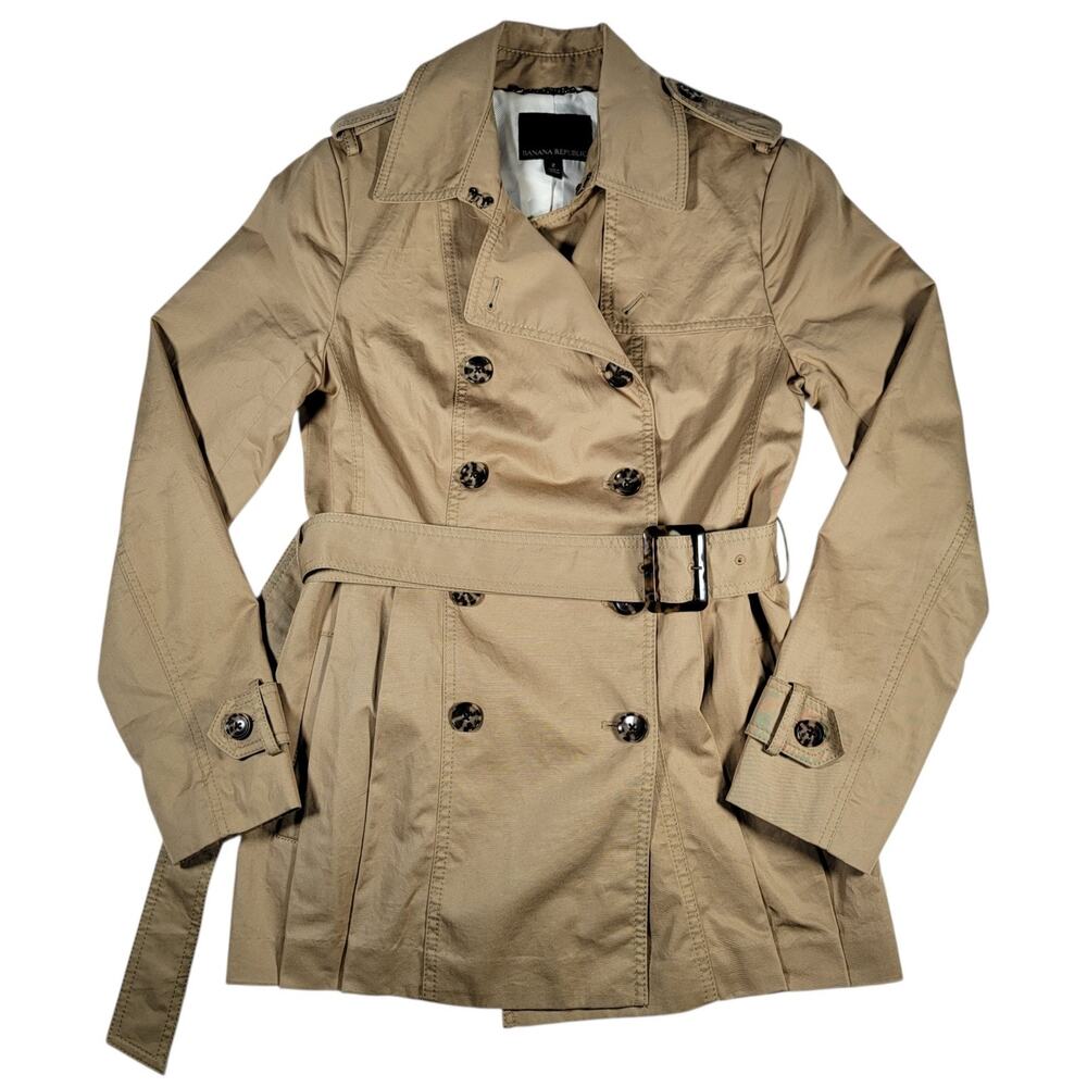 Banana Republic Womens Trench Coat Khaki Double Breasted Belted Size 2 Ice Latte